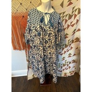 Knox Rose XL Dress Blue Floral Print Boho Puff Sleeve A-Line Tassel Ties